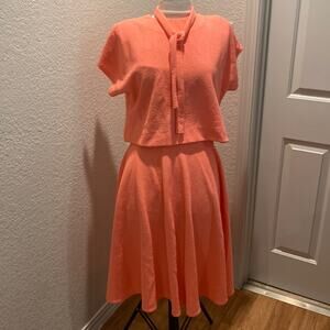 Vintage 2 Piece Coral Skirt Set Short Sleeve Cropped Shirt w/ Tie & Midi Skirt